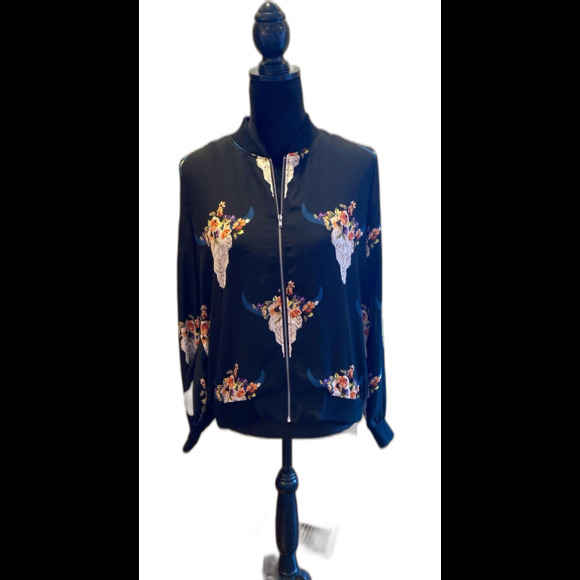 Fab’rik Bomber Jacket Size Medium Bison Head Floral Full Zip Front Lightweight - Picture 1 of 11